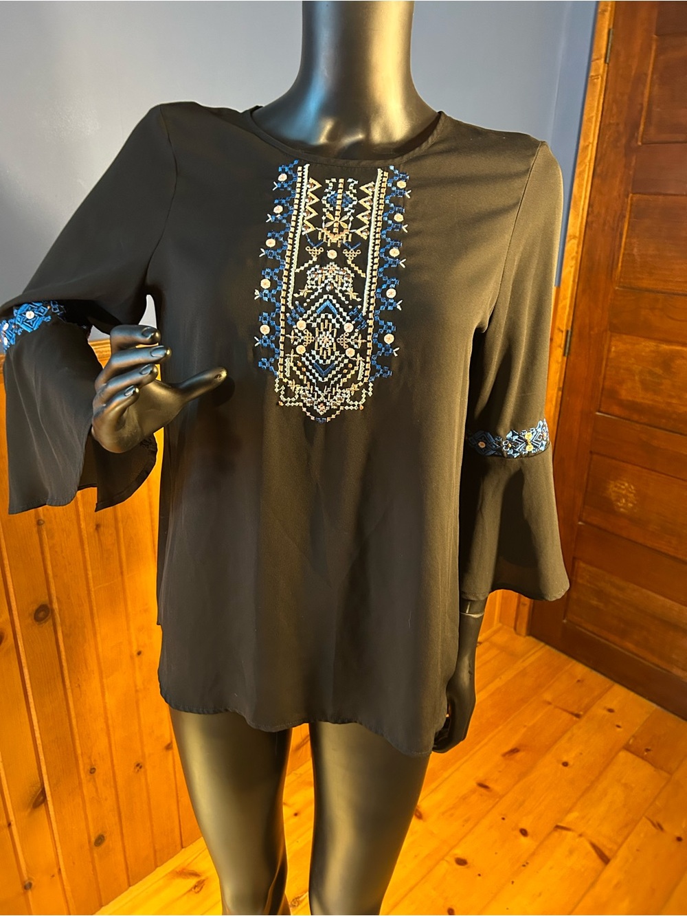 Ivanka Trump Black Embroidered Bell-Sleeve Top. EUC.